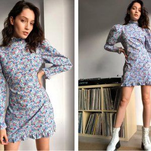 Floral High Neck Puff Sleeve Mini Dress